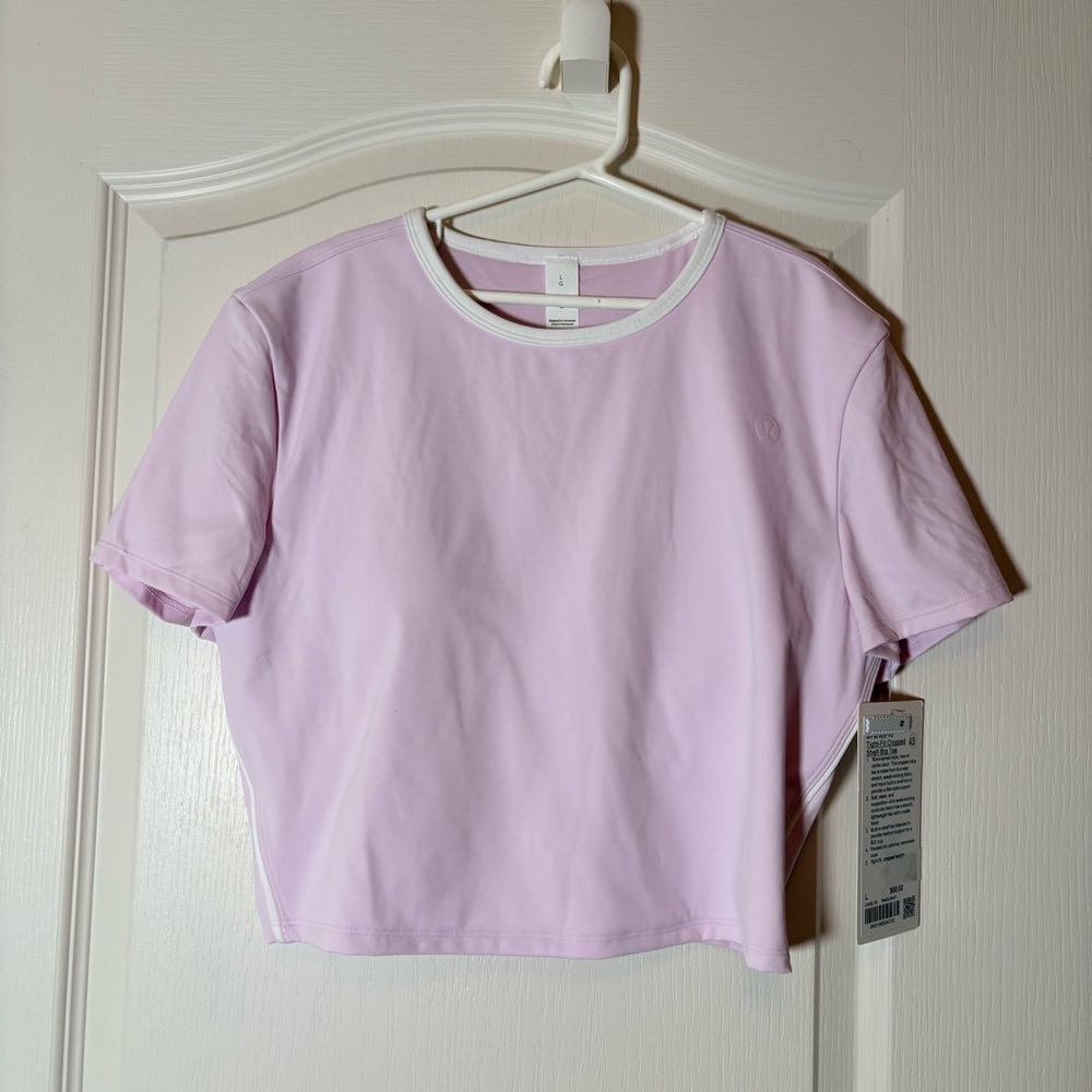 Lululemon Tight Fit Cropped Shelf Bra Tee NWT Sz Large PNKO/WHT